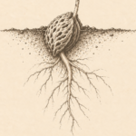 about us 2 Young peach seedling in a sephia pictogram representing the development of the company metaneering on the about us page.