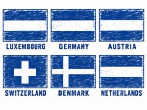 Senior digital real estate expertise 2 six european flags in onw picture - in blue woodcut style