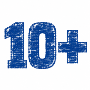 Senior digital real estate expertise 3 a sign in blue woodcut style with the words: 10+"