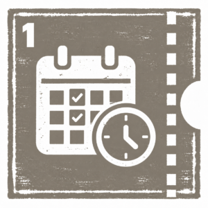 A smarter model for capability building. 1 grey woodcut style pictograph of a calendar, a clock and the number 1, depicts the first step of the direct access model of profisaison- a smarter way of capability building.