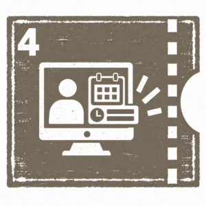 A smarter model for capability building. 4 A grey woodcut-style pictograph depicts the fourth step of the direct access model of profisaison: attending the online meeting.
